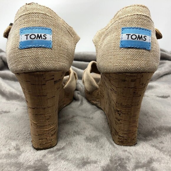 TOMS Natural Sierra Canvas Burlap Crisscross Open Toe Cork Wedge Sandals Sz 9.5 - Picture 5 of 11